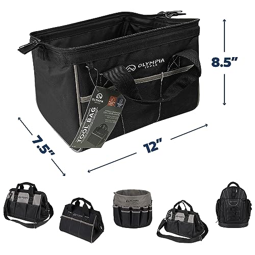 Olympia Tools Tool Bag 12 Inch, Heavy Duty Tools Bag with 3 Large Pockets, Adjustable Shouder Straps and 600D Reinforced Material - size: 12 inch, style: Black