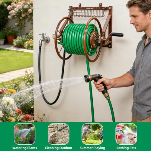 WERMAH Wall Mount Garden Hose Reel, Heavy Duty Metal Holds 155ft 5/8" Hose