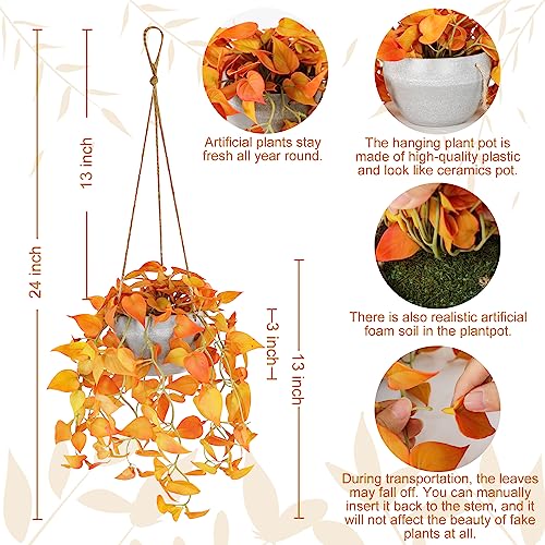 TNNTOPELE 2 Pack Autumn Fake Hanging Plants with Pot for Indoor Outdoor - color: Orange