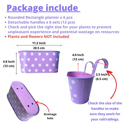 LaLaGreen Rail Planter Deck Railing (11.2 in, 6 Pack) Polka Dot Metal Pots - color: Assorted a X 6 Pack