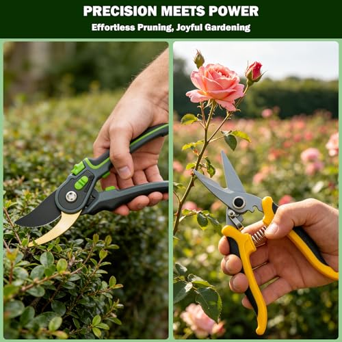 Pruning Shears for Gardening, 8.4" Bypass & 7" Straight Garden Shears – Sharp SK5 Steel Blade, Gardening Shears & Garden Snips for Trimming Flowers, Branches, Fruits(Grey Green, Gold) - color: Grey Green