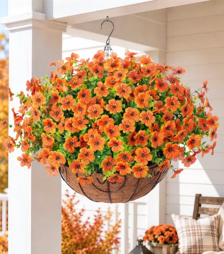 HyeFlora Artificial Fake Fall Hanging Plants Flowers Basket for Outdoor Decor, Faux Silk Orange Mums Daisy in Planter Look Real UV Resistant for Autumn Porch Home Patio Garden Yard Decoration - color: Orange