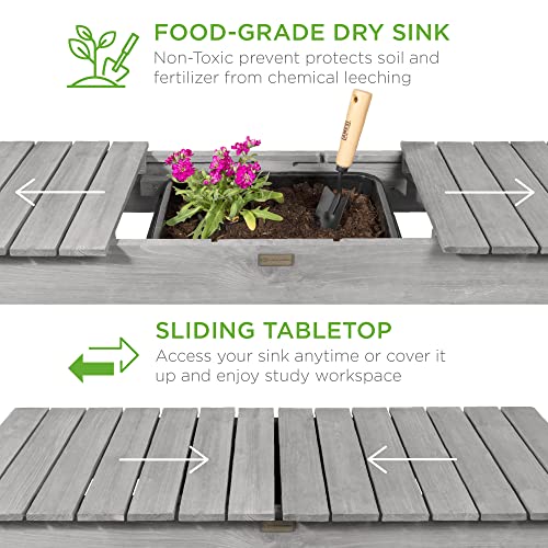 Best Choice Products Mobile Garden Potting Bench, Outdoor Wood Workstation Table w/Sliding Tabletop, 4 Locking Wheels, Food Grade Dry Sink, Storage Shelves - Gray - color: Gray