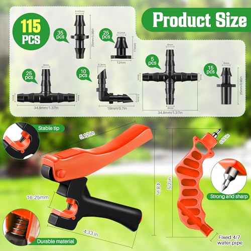 Feekoon Drip Irrigation Hole Punch Tool, 2 in 1 Drip Tubing Punch and Fitting Insertion Tool for 1/4 Inch Emitters, 16 20 25mm PE Pipe, Garden Repair(Orange,115 Irrigation Plugs) - color: Orange