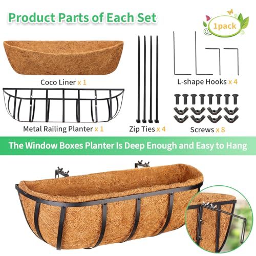 Legigo 2 Pack 16 Inch Window Box Deck Railing Planter with Coconut Liner, Balcony Rail Planters Horse Trough Window Planter Boxes, Metal Railing Hanging Flower Baskets for Outdoor Porch Fence Patio