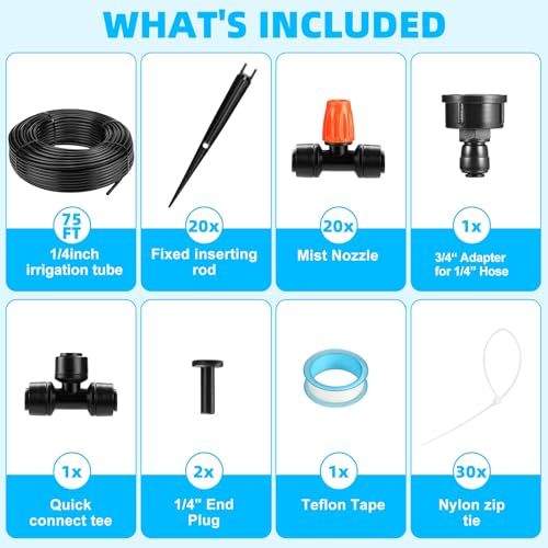 75FT Drip Irrigation System - Easy to Assemble Quick Plug Adjustable Spray Volume Garden Watering/Misting Cooling System with 1/4" Polyethylene (PE) Water Pipes for Gardens, Raised Beds, Lawns - size: 75FT (1/4" Polyethylene (PE) Water Pipes)