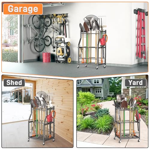 TORACK Garden Tool Organizer with Wheels, Rakes Shovels Yard Tools Stand - style: Mid-size Tool Stand