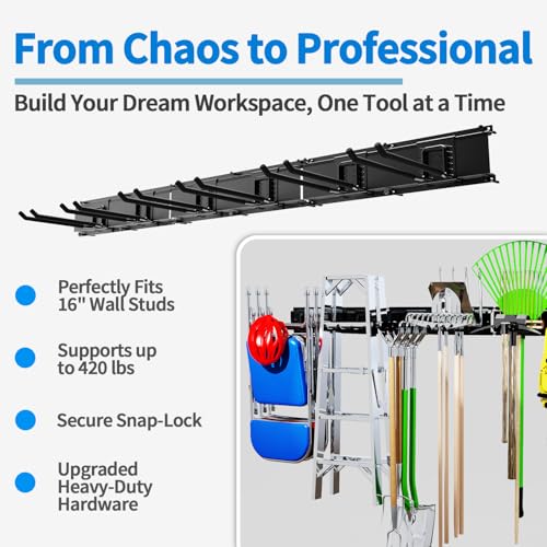 Garage Tool Organizer Wall Mount, 48" Heavy Duty Wall Tool Organizer Rack with 6 Hooks, Garage Storage Tools Hanger for Shovel, Rake, Folding Chair, Garden Tools, Lawn, Yard, Shed
