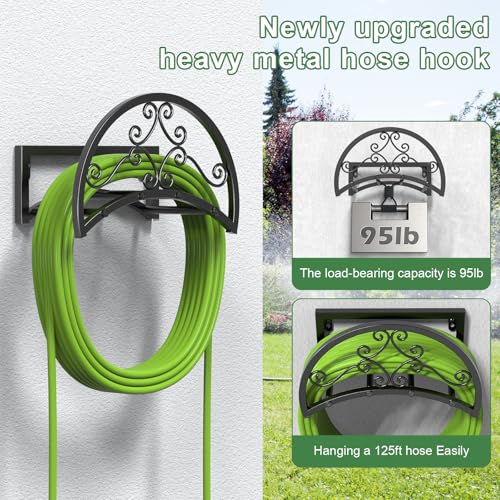 OLV Garden Hose Holder, Heavy Duty Water Hose Holder Wall Mount Holds 125-ft Water Pipe, Decorative Detachable Metal Hose Hanger Storage Organizer Reel Rack for Outside Lawn Yard Farm, Black - size: 1 Pack