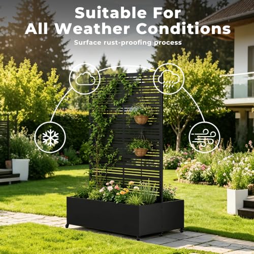 Double Metal Planter Box with Trellis Privacy Screen, Raised Garden Bed with Trellis & Wheels, Privacy Planters for Patio, Planter Box for Climbing Plants, Flower, 73"x 47"x 30", Black Line - color: Black line, size: 73"x 47"x 30"