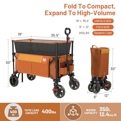 Timber Ridge Collapsible Folding Wagon 350L Extra Large with Brake, Heavy Duty Camping Utility Cart Outdoor, Extended Height Adjustable Handle, Cup Holders, Side Bag, Orange - color: Orange, size: 350L