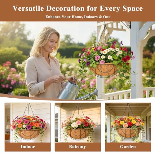 4 Pack Hanging Planter for Outdoor Plants 14 inch Metal Hanging Flower Basket with Coco Coir Liner Round Wire Plant Holder Chain Flower Pots Outdoor Garden Decoration Watering Hanging Baskets(DQ) - size: 14" x 4 Pack, style: Earth