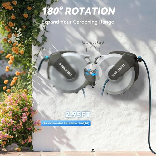 Relhost Retractable Garden Hose Reel, 5/8 in x 65 ft Wall Mount Heavy Duty Hose Reel with Any-Length Lock, Auto Rewind System, 180° Swivel Bracket, and 10-Pattern Nozzle for Garden, White & Grey - color: White & Grey, size: 65FT