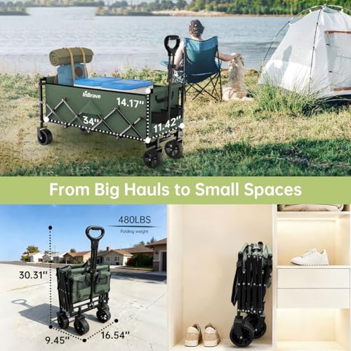 34" Extra Long Collapsible Wagon Cart, 480LBS Capacity, Army Green - color: Army Green