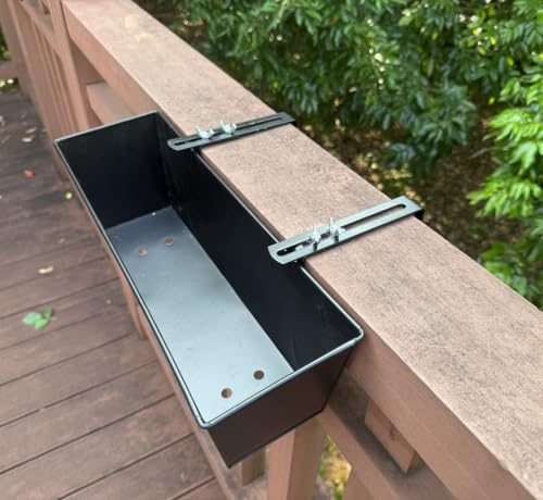 Metal Railing Planter, 16 Inch Rectangular Window Box with Adjustable Brackets, Drainage Holes, for Balcony Deck, 4 Pack (Black, Rectangular) - color: Black