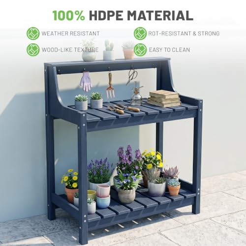 Outdoor HDPE Garden Potting Bench Weatherproof Potting Table Outside - color: Dark Blue