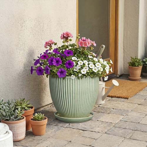 Ceramic Flower Pots, 10 Inch Plant Pot with Saucer, Green - color: Green, size: 10 Inch