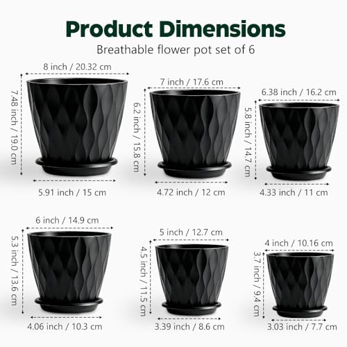 Plant Pots, Self Watering Planters with Drainage Holes and Trays, Flower Pots for Indoor Outdoor - 6 Pack(4/5/6/6.5/7/8 Inch) (Black)