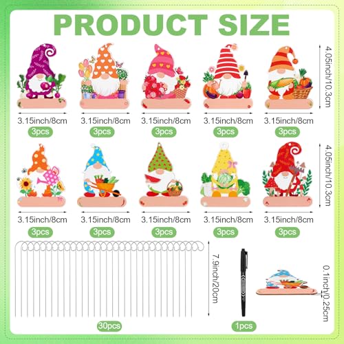 30 Pack Gnome Plant Markers with Marker Pen Wooden Plant Labels with Funny Gnome Designs for Vegetable Flowers Garden Potted Plants Tags