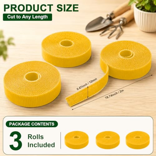 3 Rolls Plant Ties, 10mm Reusable Hook and Loop Garden Tape Roll, Adjustable Plant Support Straps for Climbing Plants, Tomato Vines, Flowers and Garden Organization, Yellow, 6.56ft - color: Yellow, size: 2M
