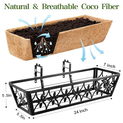 24 Inch Window Boxes Planters Railing Planter Box - 2 Pack Deck Railing Planter Boxes with Adjustable Brackets Coco Liners Balcony Planters Railing Hanging for Window Flower Boxes Outdoor Garden Decor - size: 24 Inch
