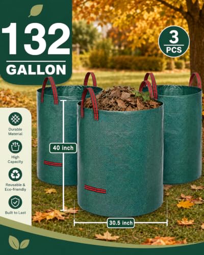 3 Pack 132 Gallon Lawn and Leaf Bags, Heavy Duty Reusable Yard Waste Bags - color: Green-132Gal, size: 1 Count (Pack of 3)