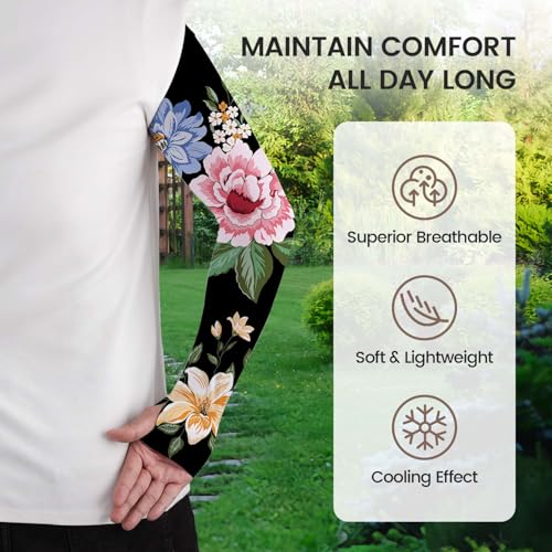 YPHCDO Gardening Sleeves for Women Sun Protection Cooling Arm Sleeves - color: Black Flower