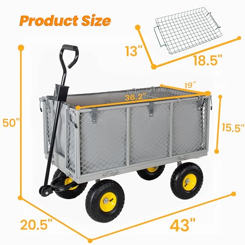 Oversized Steel Dump Garden Cart, 4-in-1 Pullable Mesh Metal Garden Cart, 880lbs All-Terrain Utility Cart with Removable Liner & Side Panels & Mesh Tray for Outdoor Lawn, Patio and Landscaping (Grey) - color: Gray
