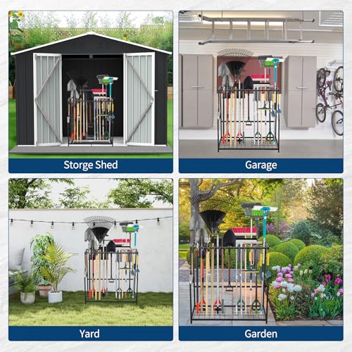 Garden Tool Organizer 2 Tier Yard Storage Rack With14 Hooks,Heavy Duty Holder With 43 Long-Handled Slots,Freestanding Tool Organizers and Storage for Yard Shed and Lawn
