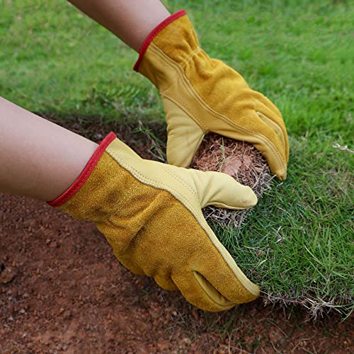 OZERO Leather Work Gloves, Gardening Gloves, Flex Grip, EN388, 1 Pair, M - color: Gold(1 Pair), size: Medium
