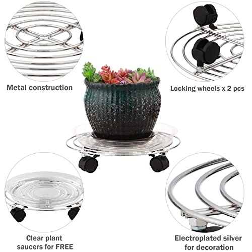 5 Packs Metal Plant Caddy with Wheels 11.8” Heavy-duty Rolling Stand Wheeled Dolly Indoor Outdoor Planter Mover Rollers, Flower Pot Coaster Trolley, Silver - color: Bright silver