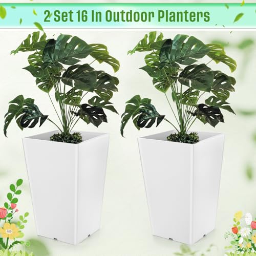 Briwooody Set of 2 15.75 Inch Large Taper Planters Outdoor Indoor Tall Resin Flower Pots with Drainage Holes Modern for Front Door Patio Backyard Plants(White) - color: White