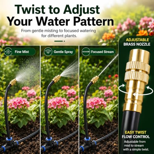 5/16" Drip Irrigation System 130 ft with 32-Pcs 360° Adjustable Copper Nozzles, Automatic Misting Watering System for Garden, Raised Beds, Greenhouse (130ft+32 nozzles) - size: 130ft+32 nozzles