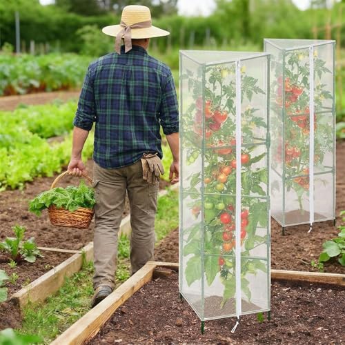 3 Pcs Garden Bird Barrier Tent Plant Cover 63" x 13.8" - Fit Triangular Support (Max 12" D x 67" H) Tomato Cage Net with Zipper & Drawstring Foldable Trellis Cover for Protecting Plant - size: 63" x 13.8"