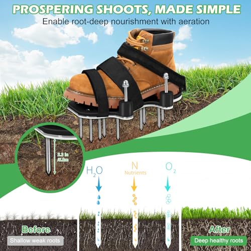 NAZZO Upgrade Lawn Aerator Shoes, Patented Double Layer Lawn Shoes, Aluminum Soleplate Spring-Loaded Design, No Dirt on the Shoes, Soil Yard Aerator Tool for Aerating Patio Garden, Black