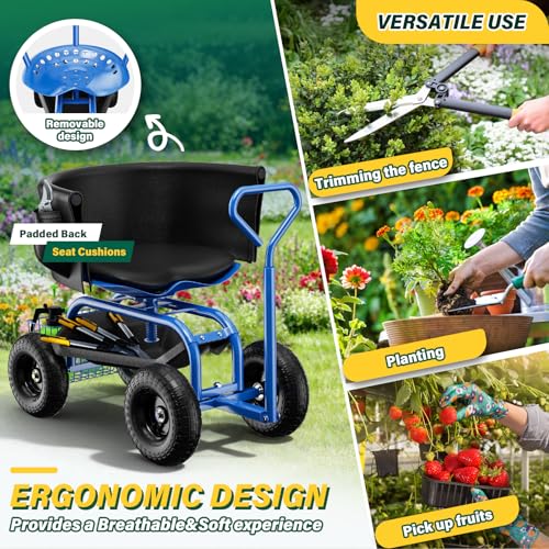 Garden Seat with Wheels, Rolling Garden Stool with Adjustable 360°Swivel Seat - color: Blue