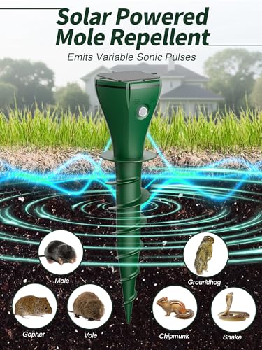 Solar Powered Animal Repellent for Yards - Waterproof Sonic Vibration Device Removes Moles, Gophers, Groundhogs, Voles, Snakes - Simple Twist Stakes for Lawn & Garden (8, Green)