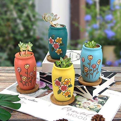 2.5 Inch Hand Painted Round Succulent Cactus Planter Pot Clay Pot Ceramic Plant Pot with Drainage Hole and Saucer Set of 4 (Green Yellow Orange Blue) - color: Green Yellow Orange Blue, size: 2.5 Inch