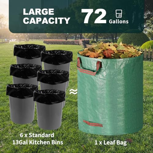 Reusable Yard Waste Bags, 72 Gallons Lawn and Leaf Bags Heavy Duty Garden Waste Bags with Reinforced Handles, 3 Pcs Foldable Leaf Collector Bag for Loading Garden Leaves, Trash - Green