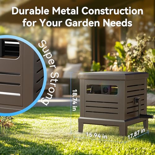 Relhost Hose Reel, Heavy Duty Metal Deck Box Hideaway Holds 125 ft x 5/8" Hose, Garden Hose Reel with Never-Leak System, Manual Crank Handle, Hose Guide, Ideal for Yards, Patios, and Garden Sheds - color: Brown, size: 125FT