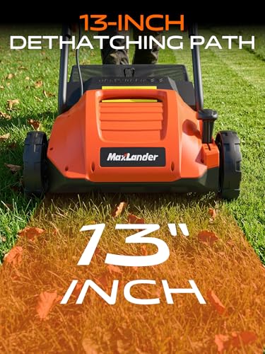 MAXLANDER 13 Inch Electric Dethatcher and Scarifier, 12 Amp Lawn Dethatcher with 4-Position Depth Adjustment, 30L Thatch Bag, 2-in-1 Walk Behind for Lawn Garden Care Removing Thatch - color: Orange/Black