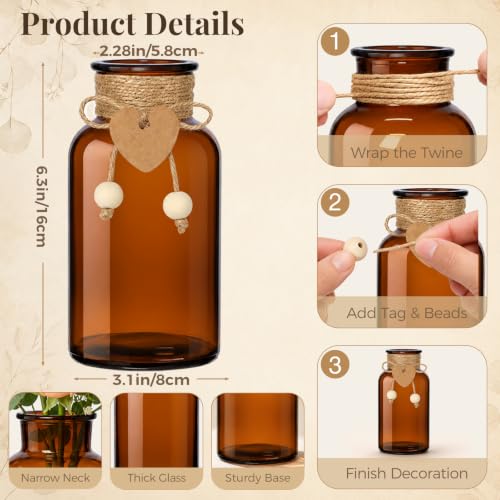 TBWIND Vintage Glass Flower Vase, 12PCS Farmhouse Amber Mason Jar Vases - color: Amber