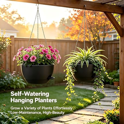 2 Pack 12 Inch Self‑Watering Hanging Planters Plant Pots, Black - color: Black