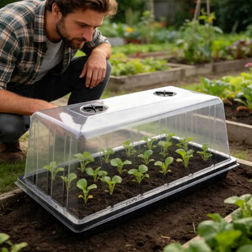 5 Pack 1020 Plant Tray with Tall Dome (7.3 inch), Plastic Flat Seed Starter Tray with Humidity Domes, Heavy Duty 1020 Trays with Lid, Durable Carrying Seedling Starting Tray for Planting (Black) - color: Black, size: TP1020-5P+Domes