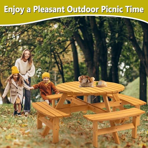 Outdoor Wooden Picnic Table with 4 Built-in Benches and Umbrella Hole for 8 Person,Outside Table and Bench Set Round Picnic Table for Garden, Backyard, Porch,Patio(Natural - size: 8Person-Round-Y