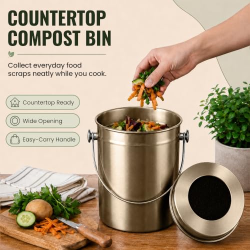 Epica Kitchen Compost Bin for Kitchen Countertops, 1.3 Galllon - Bronze - color: Bronze