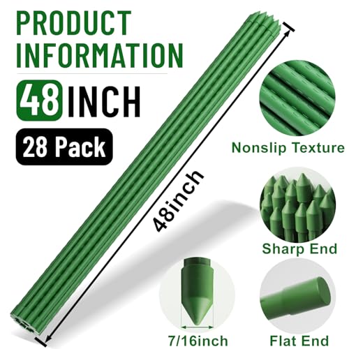 Fabulas Garden Stakes 4Ft, 28 Pack 48 Inch Plant Tomato Stakes and Supports Sturdy Plastic Coated Metal Garden Support Stick for Outdoor Indoor Climbing Plants, Beans, Vegetables, Trellis, Tree