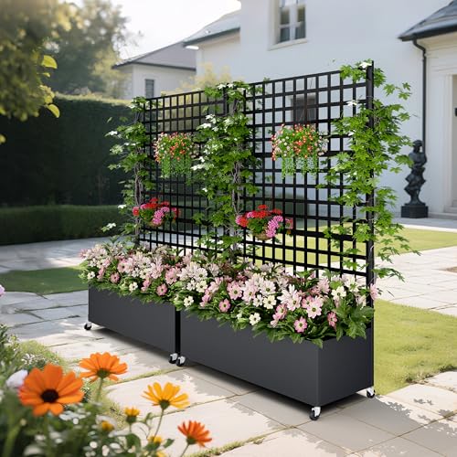 Metal Planter Box with Trellis Privacy Screen, Raised Garden Bed with Lattice Trellis & Wheels, Privacy Planters for Patio, Planter Box for Climbing Plants, Flower, 73"x 47"x 16", Black - color: Black Lattice, size: 73"x 47"x 16"