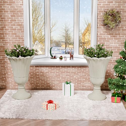 Tall Plastic Urn Planters and Pedestal - 24" Outdoor Planter Beige - color: White-petal