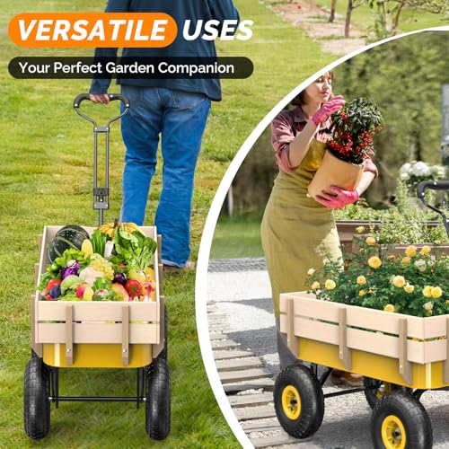 VINGLI Wagon Cart, Steel Frame and Wood Coated Railing, 330lbs All Terrain Wagon 9.2in Air Tires for Garden and Outdoor (Yellow) - color: Yellow